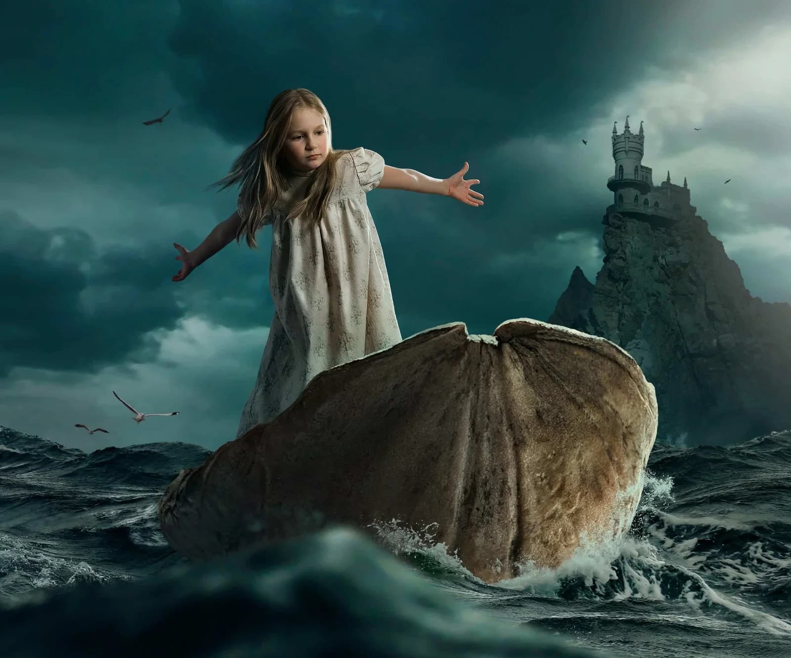 Mädchen steht mit ausgebreiteten Armen auf Felsen im stürmischen Meer, Schloss auf Klippe im Hintergrund, dramatisches Fantasy-Composing