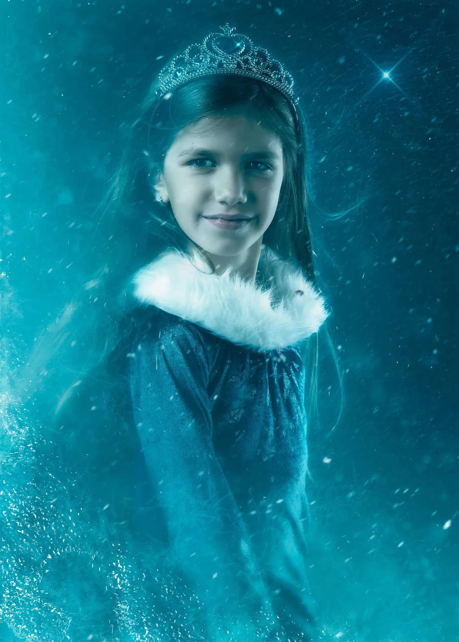 Mädchen als Eisprinzessin mit Tiara und Pelzkragen im funkelnden Schneetreiben, zauberhaftes Fantasy-Winterporträt